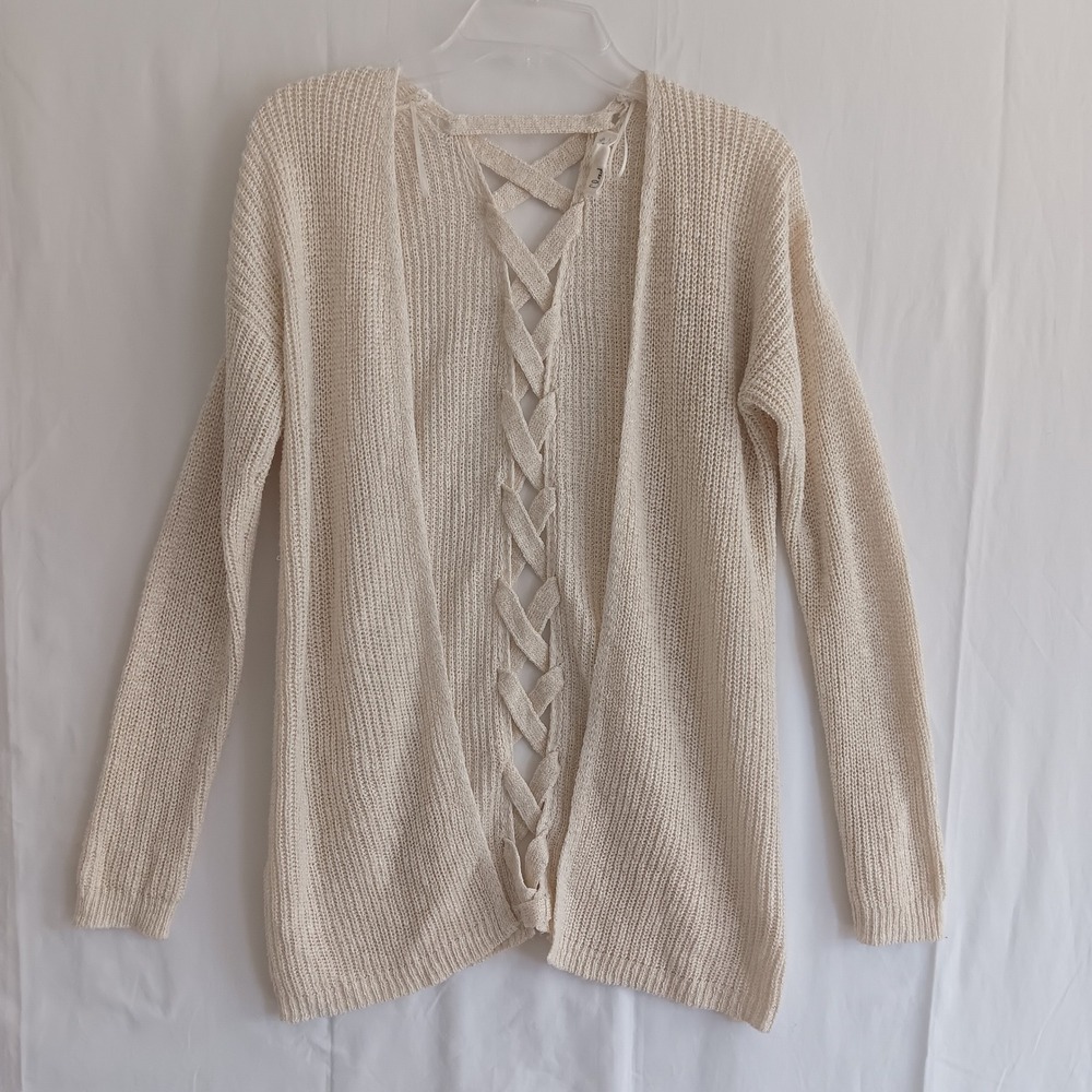 Cloud Chaser Cardigan Women XL Cream Lattice Lace Up Back Metallic Knit